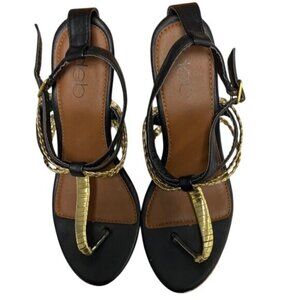 Deb Black & Gold Braided Cork Wedge Sandals Size 5